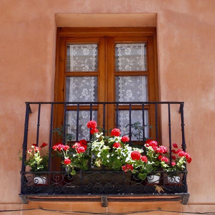 red and white flowers are in the window box on an old building's balcony