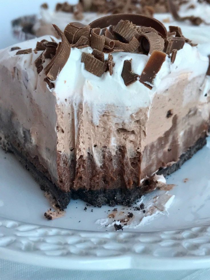 a piece of chocolate ice cream pie on a plate