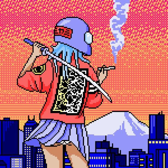 the pixel art shows a man with a pipe in his hand and buildings behind him