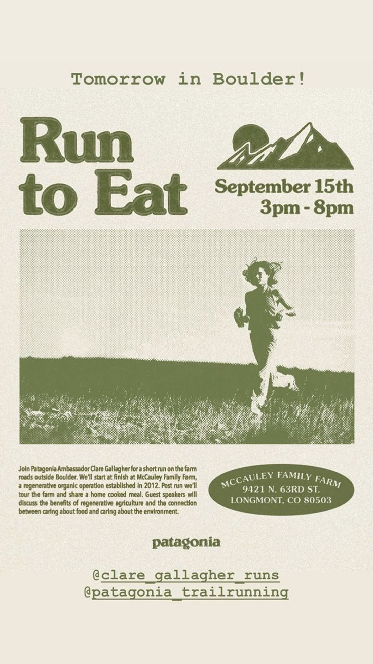 a flyer for a run to eat event with an image of a person running in the grass