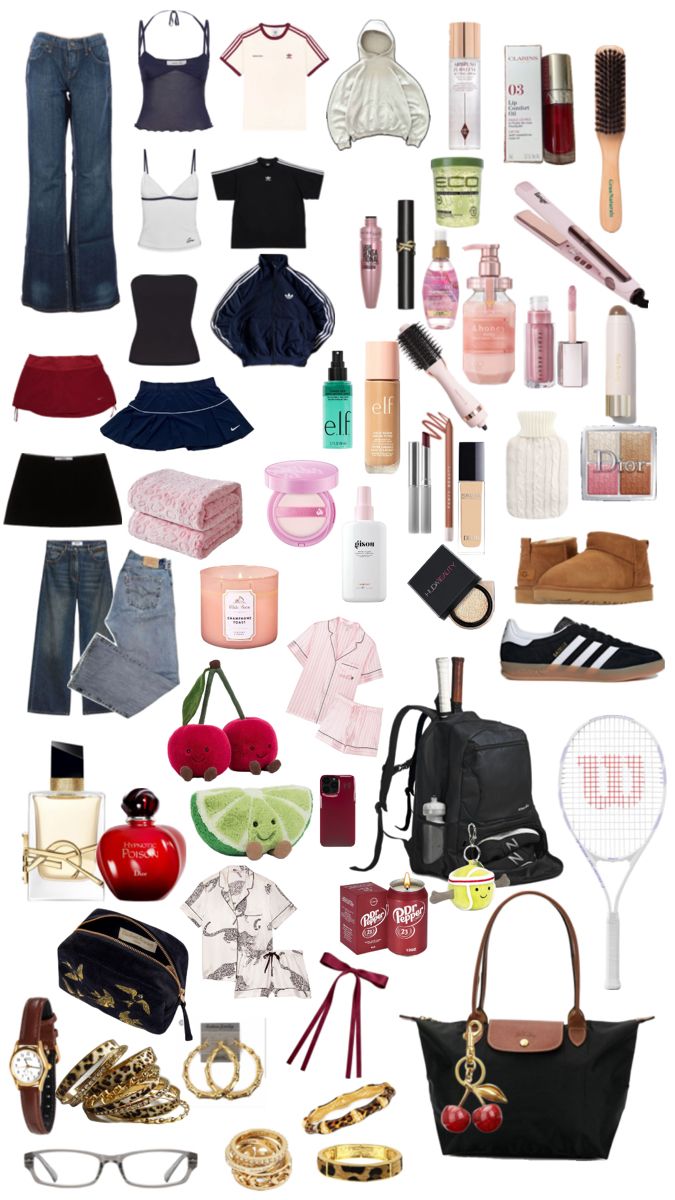 an assortment of women's clothing and accessories arranged in the shape of a collage