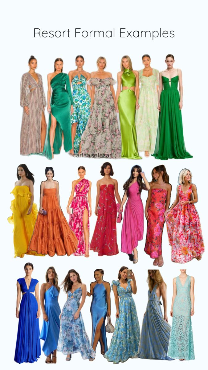 many different types of dresses on display in front of a white background with the words resort formal examples