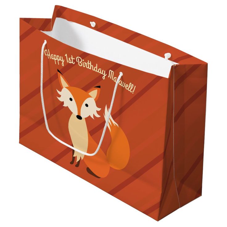 an orange shopping bag with a cartoon fox on it's front and the words happy birthday, my friend