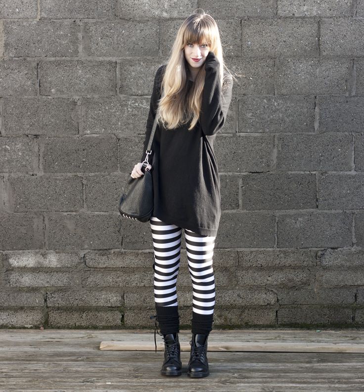 Striped tights. Cute outfit Striped Socks Outfit, Striped Leggings Outfit, Goth Leggings, November Fashion, Long Black Sweater, Legs Outfit, Striped Stockings, Stockings Outfit, Black Dr Martens