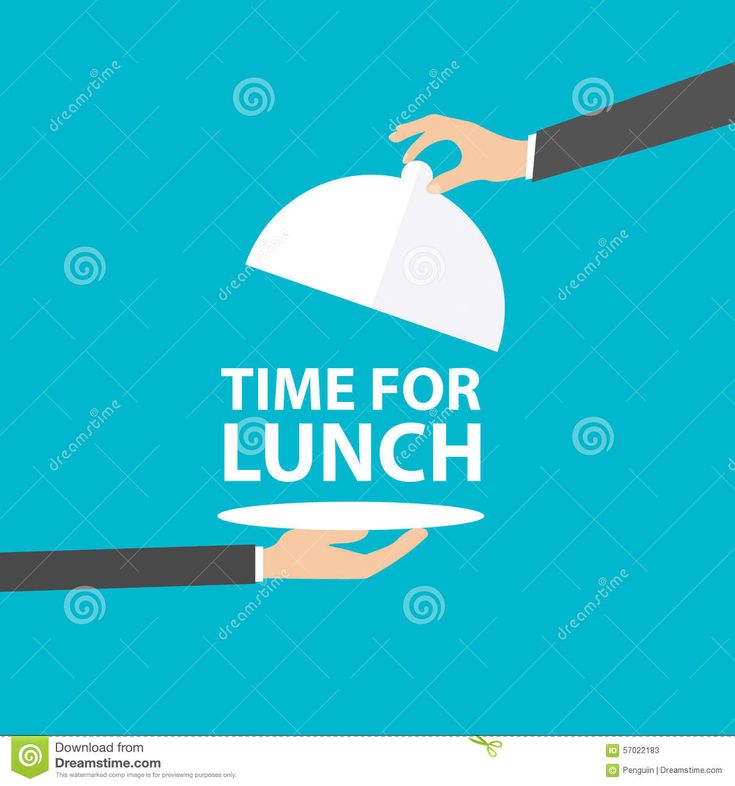 two hands holding a platter with the words time for lunch on it, against a blue background