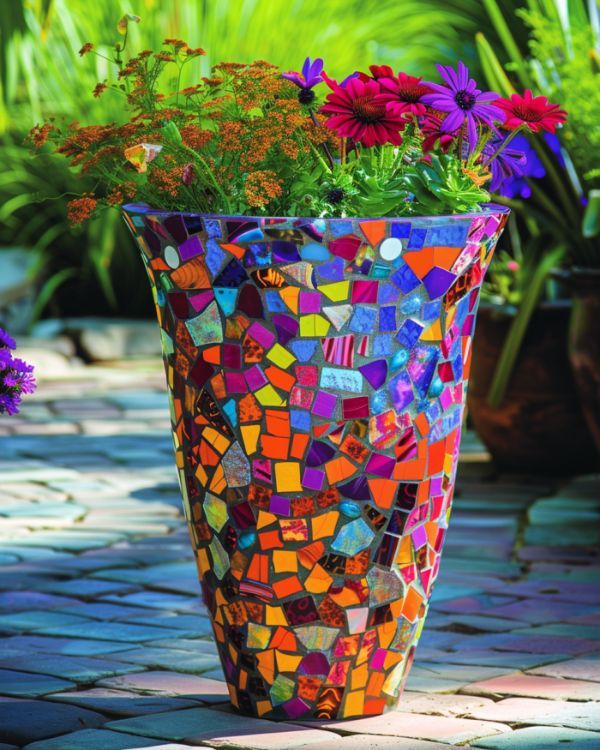 a colorful mosaic vase filled with flowers on top of a stone walkway next to potted plants