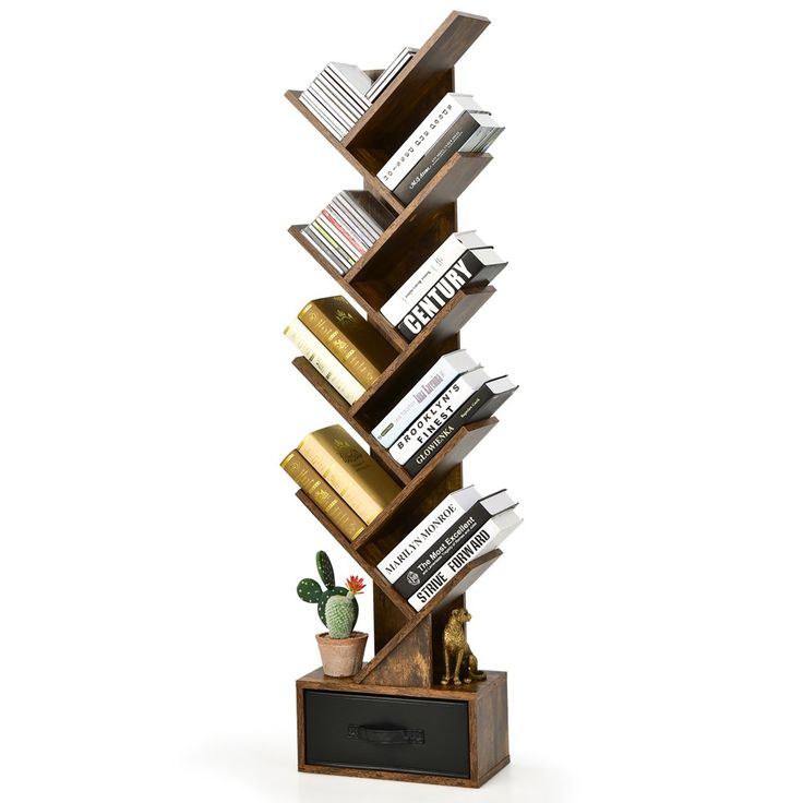 a tall wooden book shelf with books on it's sides and a cactus in the middle