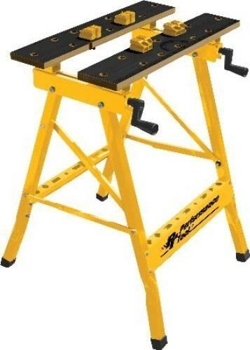 a yellow workbench with two tools on the top and one at the bottom