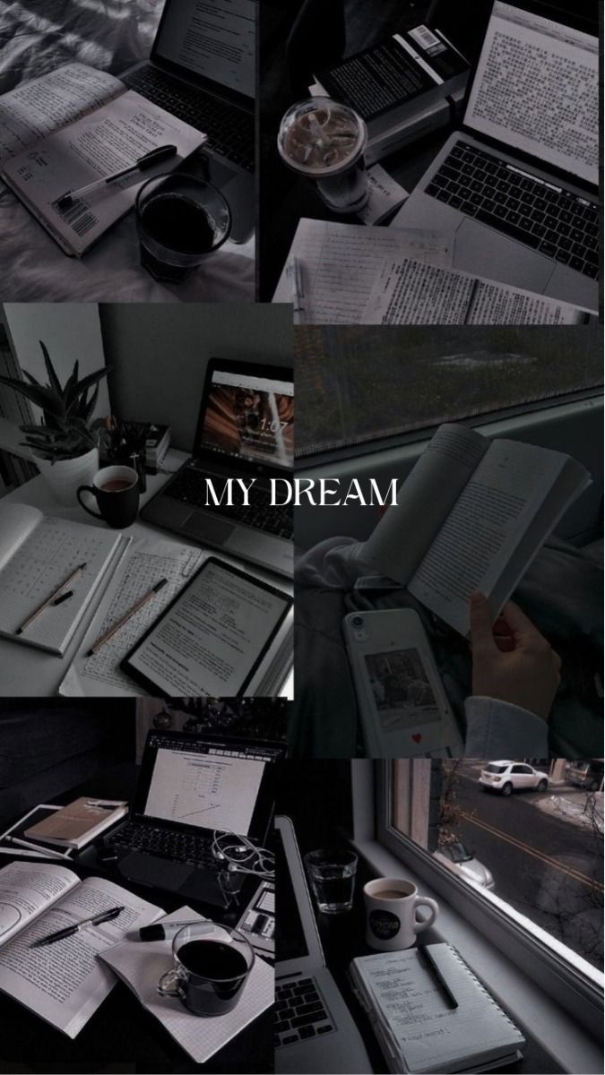 several different pictures with the words my dream written on them and laptops in front of them