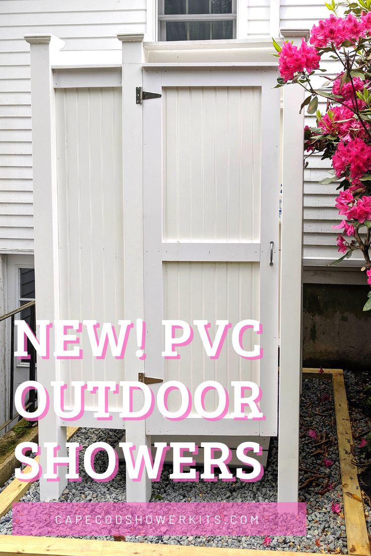 a white outdoor shower with pink flowers in the background and text overlay that reads new pvg outdoor showers