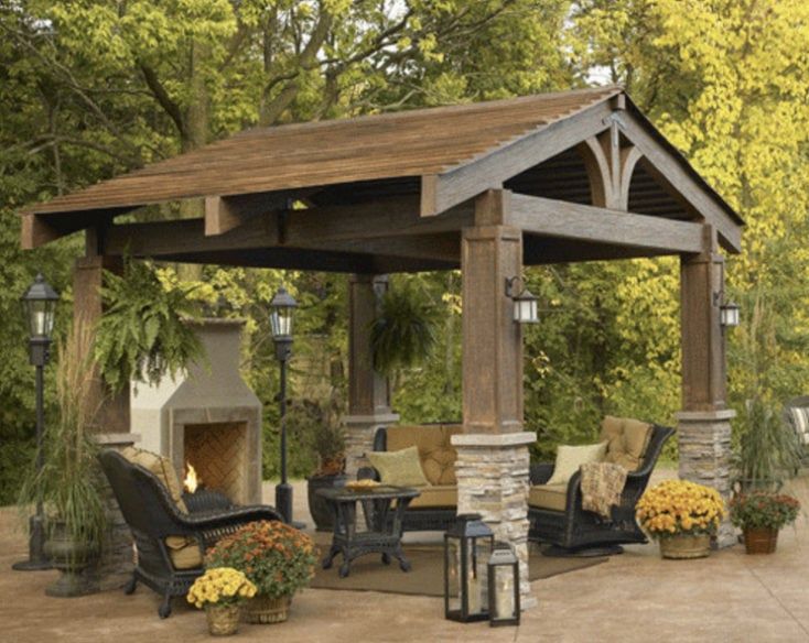 a covered patio with chairs and fire place