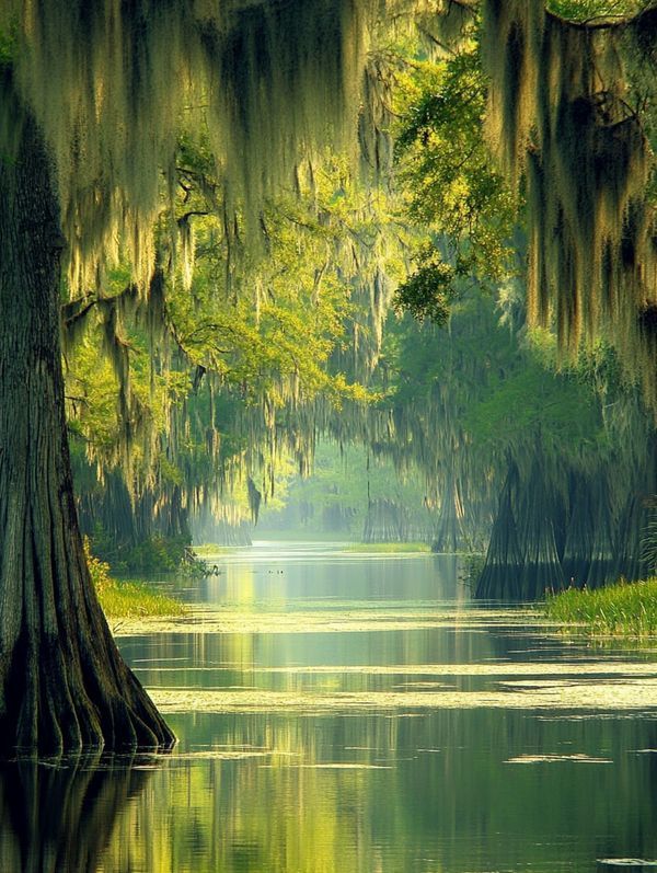 the trees are covered in moss and hanging over the water