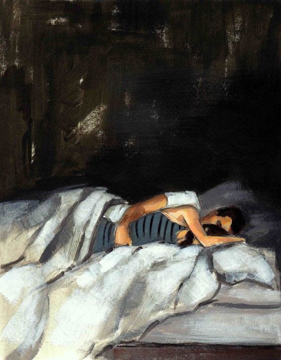 a painting of a woman laying in bed