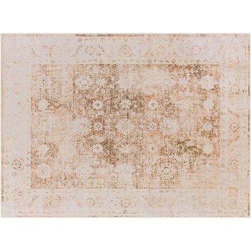 an antique rug with faded colors and patterns on the bottom, in light brown tones