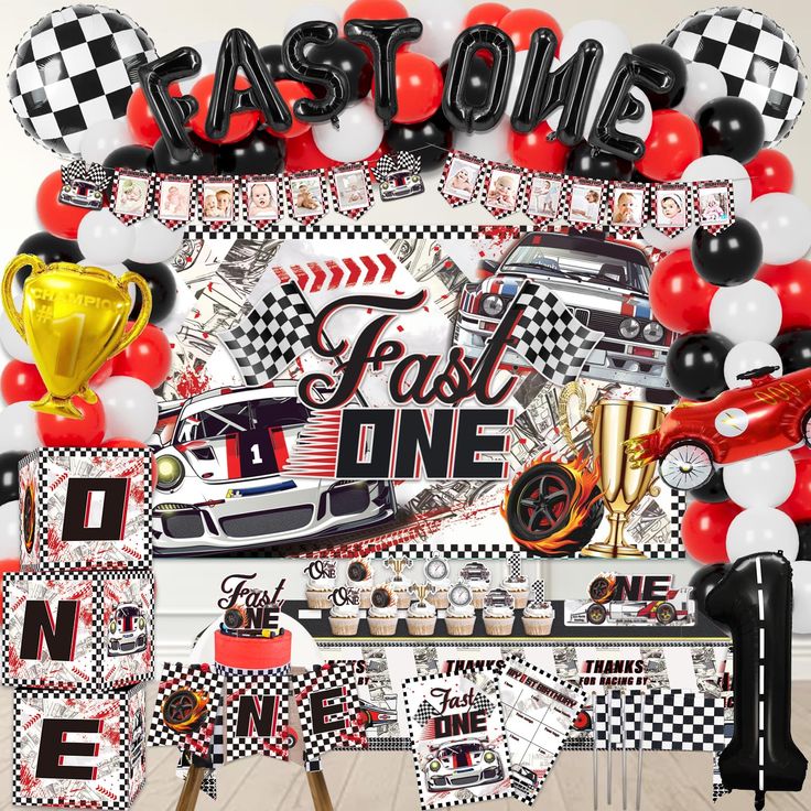 a race car themed birthday party with balloons and streamers