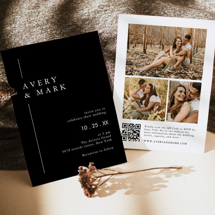 a wedding photo and save the date card are laying on a table next to some flowers