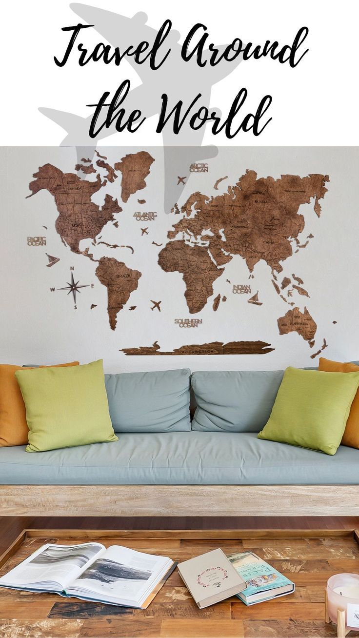 a living room with the words travel around the world on it