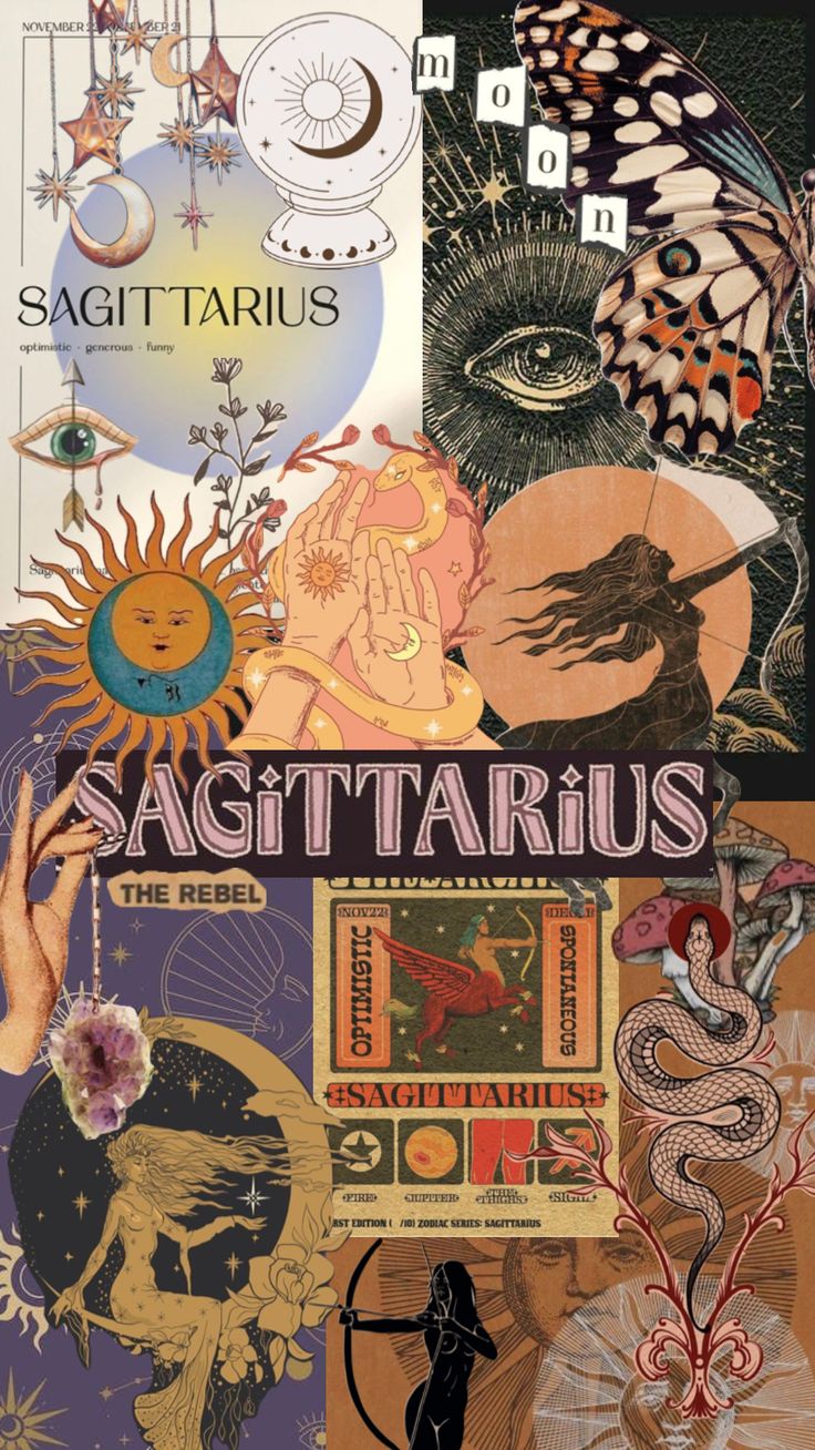 the cover to sagittarius, with images of people and animals