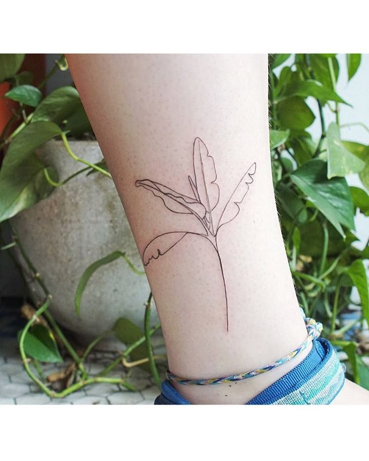 a small tattoo on the leg of a woman's foot with a plant behind it