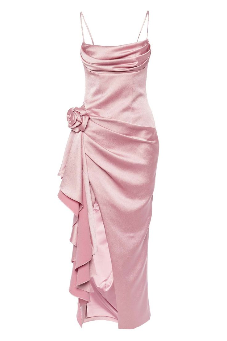 Rasario Flower Embellished Draped Satin Midi Dress Satin Pink Formal Dress, High End Dress, Cool Pink Dress, Silk Light Pink Dress, Powder Pink Wedding Dress, Pink Dresses Formal, Saten Dress, Style Satin Dress, Satin Summer Dress