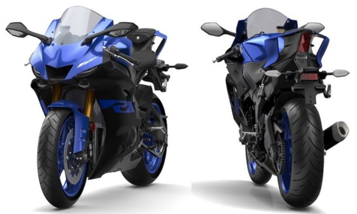 two blue motorcycles are side by side on a white background, one is black and the other is blue