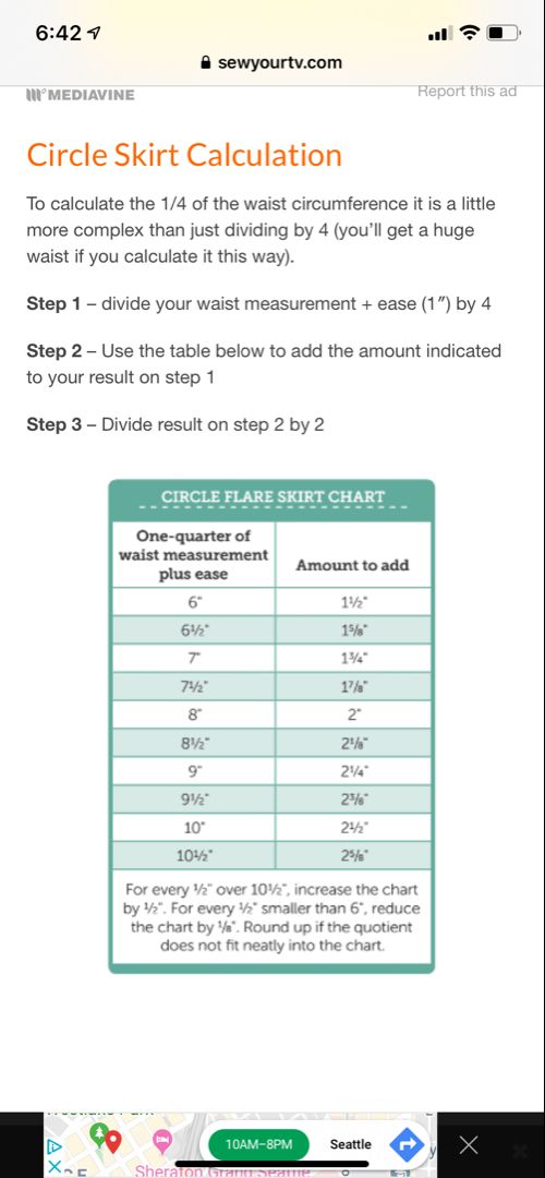 a screen shot of the circle skirt calculator app on an iphone or ipad