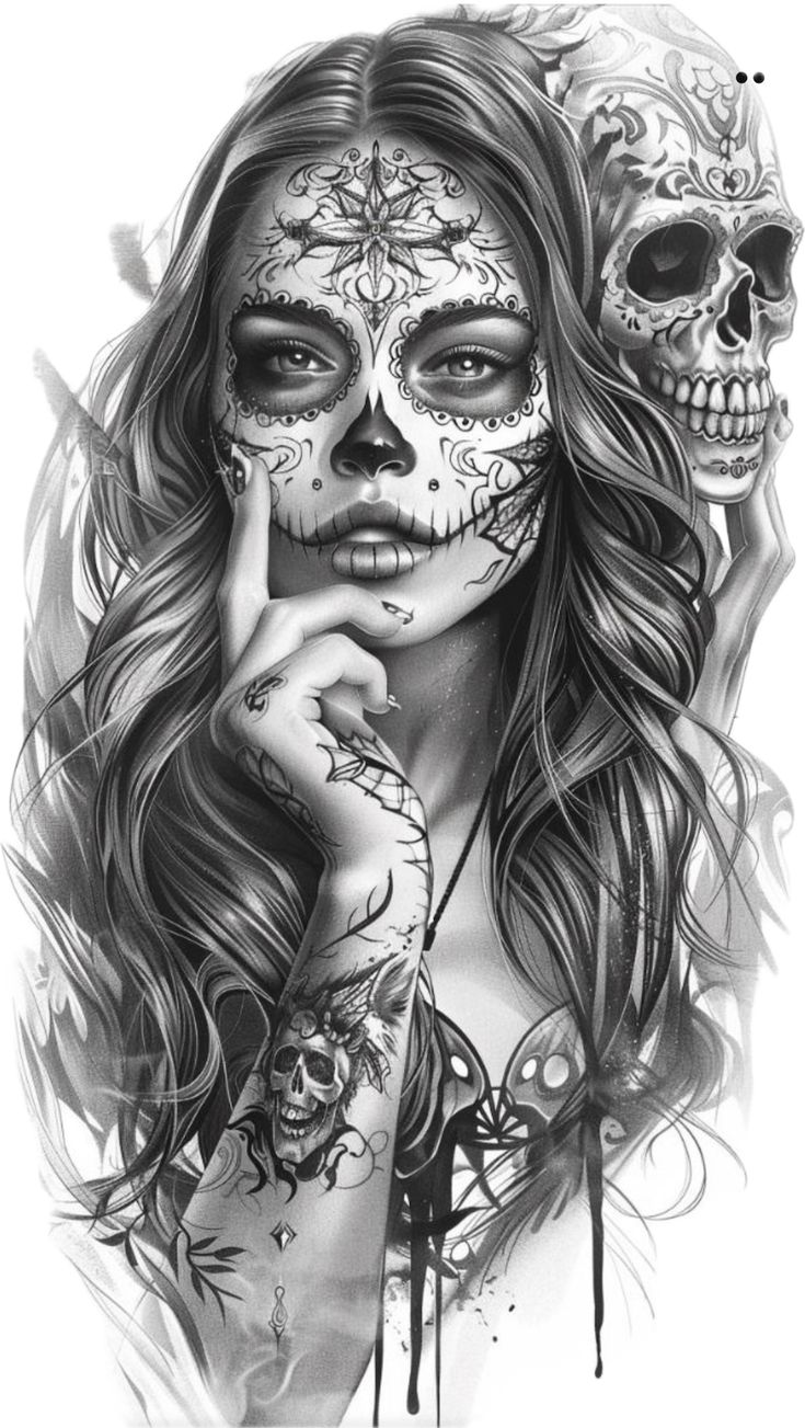 a drawing of a woman with sugar skulls on her face and hands in front of her face