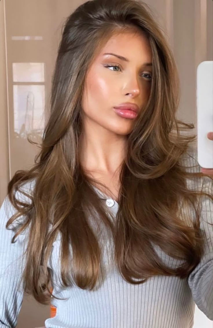 Old Money Brown Balayage, Hair Colour Ideas For Pale Skin Brown Eyes, Solid Honey Brown Hair, Rich Medium Brown Hair, Light Cool Tone Brown Hair, Light Brown Beige Hair, Light Brown Hair Solid Color, Blue Eyes Hair Color, Honey Brunette Balayage