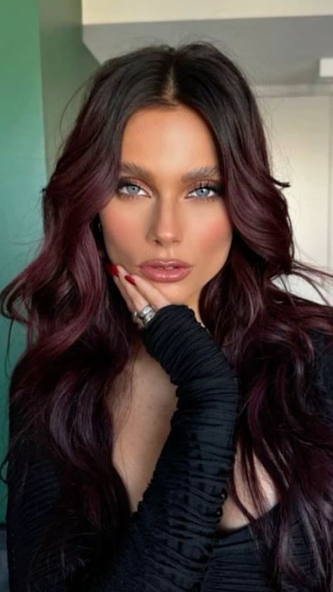 Wine Red Balayage Hair, Red Highlights Black Hair, Red Roots Hair, Dark Red Balayage, Red Hair Black Hair, Highlights Black Hair, Dark Cherry Hair, Black Hair With Red, Black Hair With Red Highlights