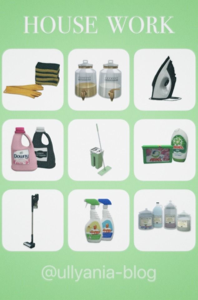 an advertisement for house work with various household items and cleaning products on it's side