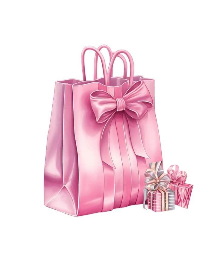 a pink gift bag with a bow and two wrapped presents next to it on a white background