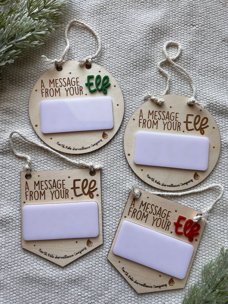 three wooden tags that say message from your eee and messages from your eo