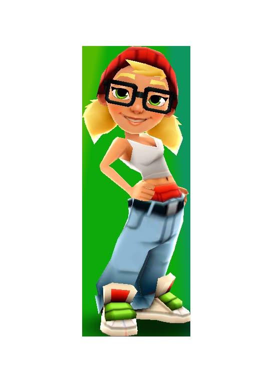 a cartoon girl with glasses standing in front of a white background