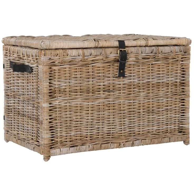 an empty wicker chest with black handles and leather straps on the lid, isolated against a white background