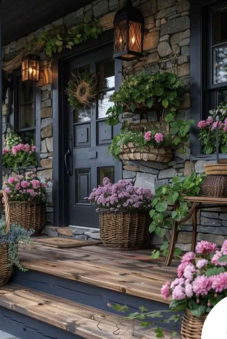 the front porch is decorated with flowers and plants