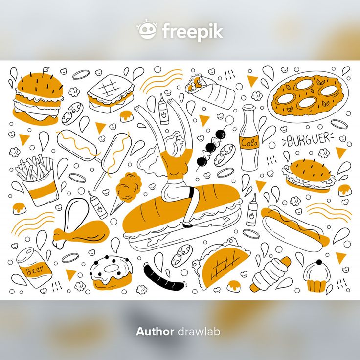 an orange and white poster with food items on it