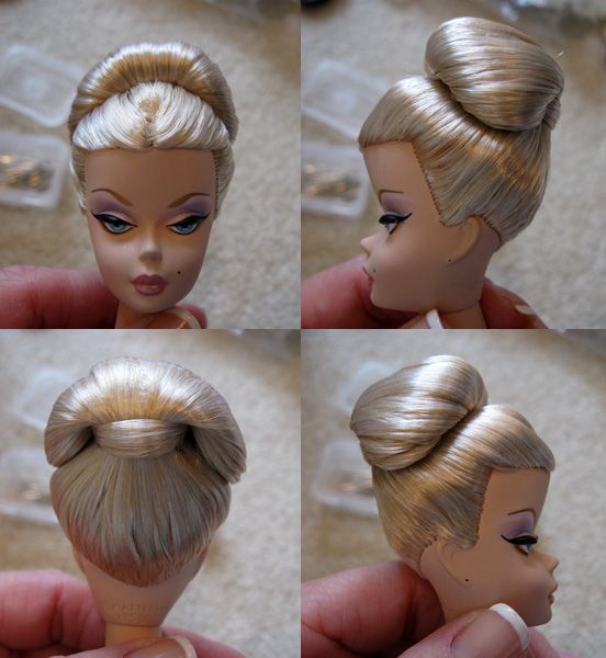 four pictures of a doll with blonde hair and buns in various stages of development