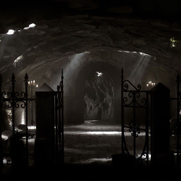 the entrance to a dark cave with light coming from it's windows and gates