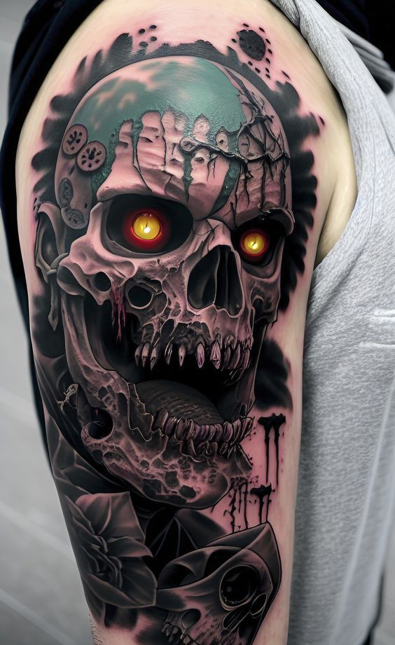 a man's arm with a skull and red eyes