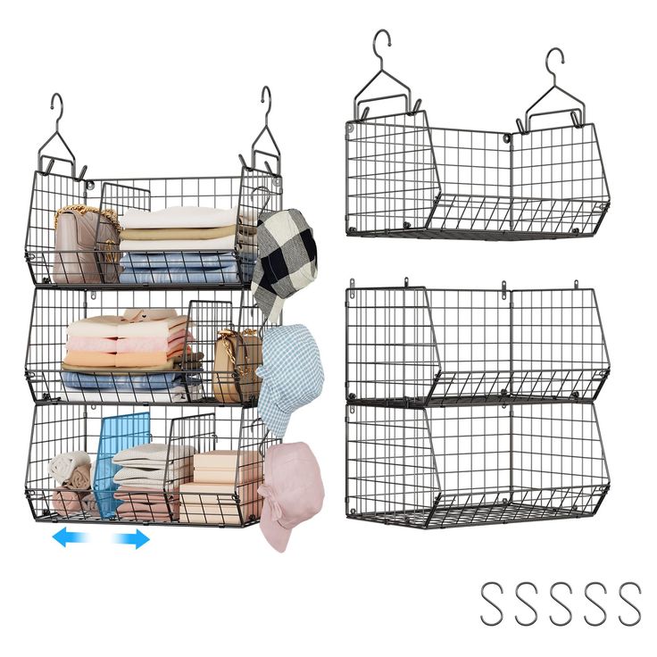 three wire baskets with clothes hanging on them