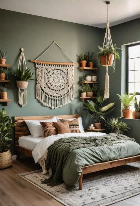 #house decor #kitchen ideas #house ideas #homes #houses #home ideas #dream house decor #apartment decorating #design your dream house #small living room ideas Bedroom Decor Green Bed, Green Room Ideas Bedroom, Green Room Ideas, Olive Green Bedrooms, Sage Bedroom, Green Bedroom Decor, Boho Bedroom Design, Sage Green Bedroom, Boho Style Bedroom