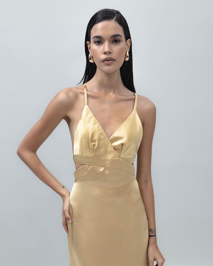 Gold Satin Dress Gold V-neck Midi Dress For Party Season, Gold V-neck Midi Dress For Evening, Gold V-neck Midi Dress For Party, Elegant Midi Length Slip Dress For Prom, Silk Midi Dress With Spaghetti Straps For Evening, Elegant Midi-length Slip Dress For Prom, Gold V-neck Mini Dress For Formal Occasions, Chic Satin Evening Dress With Spaghetti Straps, Satin Dress For Gala