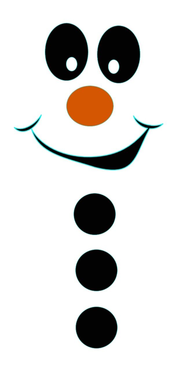 a black and white image of a snowman with orange nose, eyes and mouth