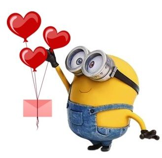 a minion holding two heart shaped balloons