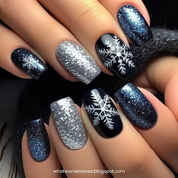 Snowflake Nails for Short Nails January Nail Designs Black, Winter Nails Silver Glitter, Short Square Winter Nail Designs, Christmas Tree Nails Short, Fun Gel Nail Designs, Blue And Silver Snowflake Nails, Sns Winter Nails Ideas, Navy Blue Nails With Snowflakes, Almond Nails Snowflakes