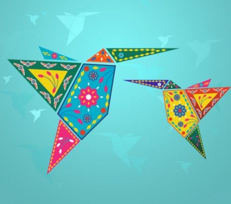 two colorful kites are flying in the sky with origami birds on them