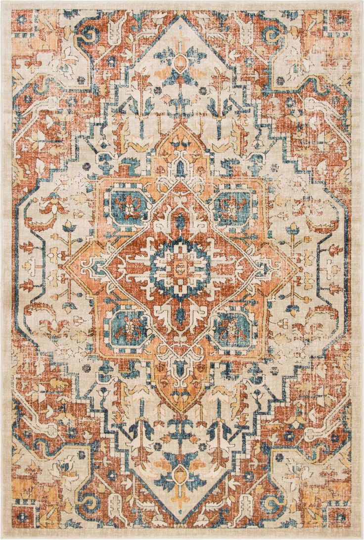 an orange, blue and beige rug with ornate designs on the bottom half of it