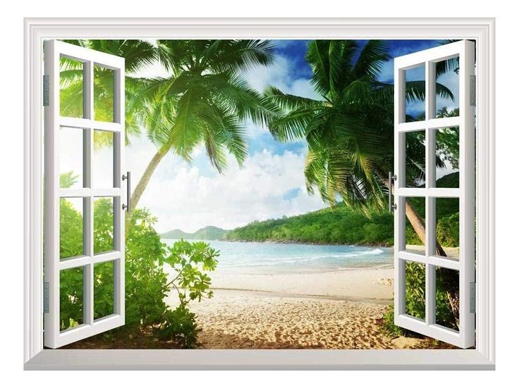 an open window looking out onto the beach and ocean with palm trees in the foreground