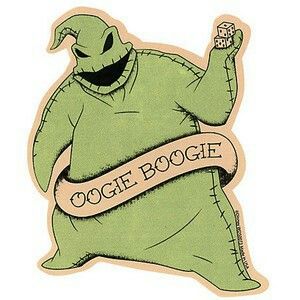 a sticker with an image of a green monster holding a sign that says oggie boogie