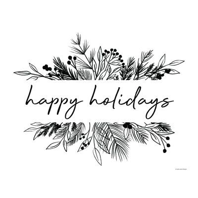 the words happy holidays written in black ink on a white background with pine branches and berries